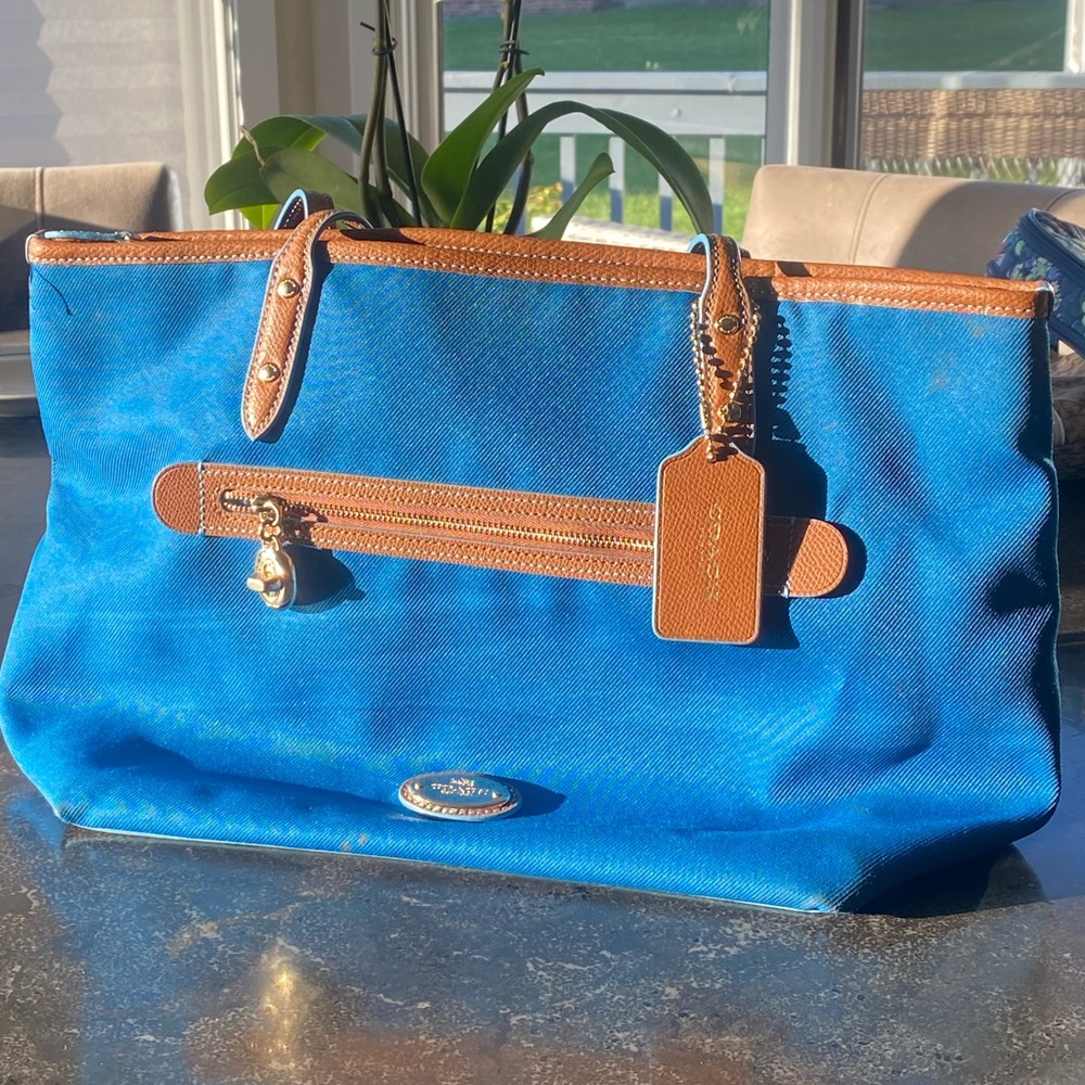 COACH Blue with Brown Leather Tote *discontinued*